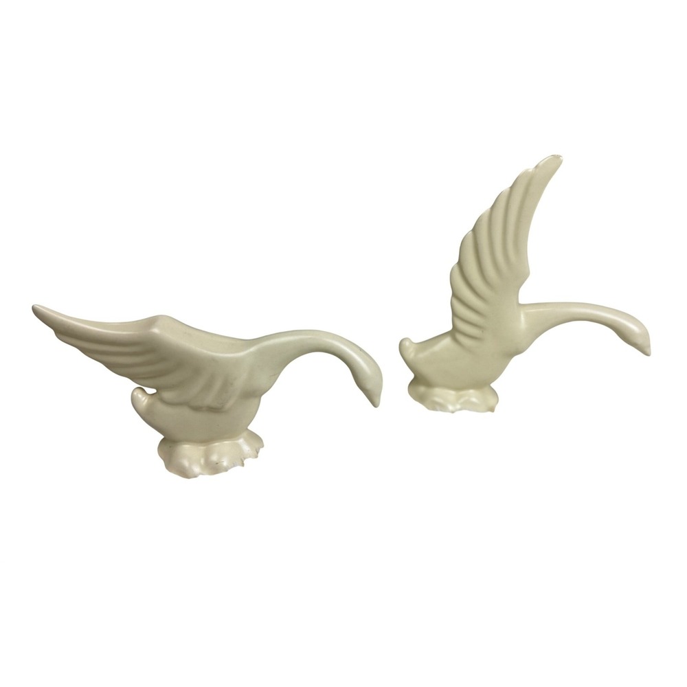 Vintage Haeger Pottery Cream Swan Figurines Set of 2 Mid Century Modern Decor